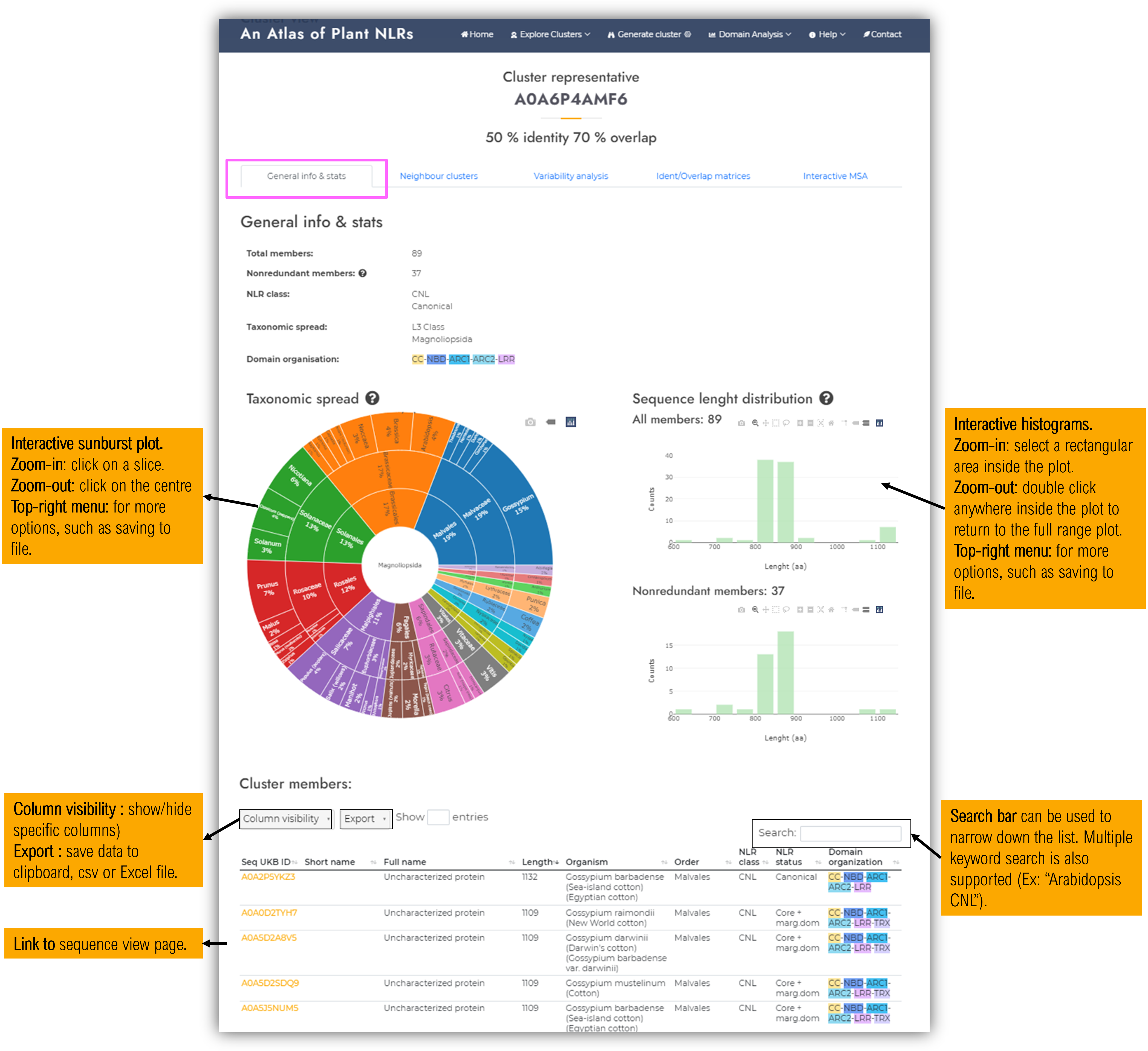 Clusters view page: general data